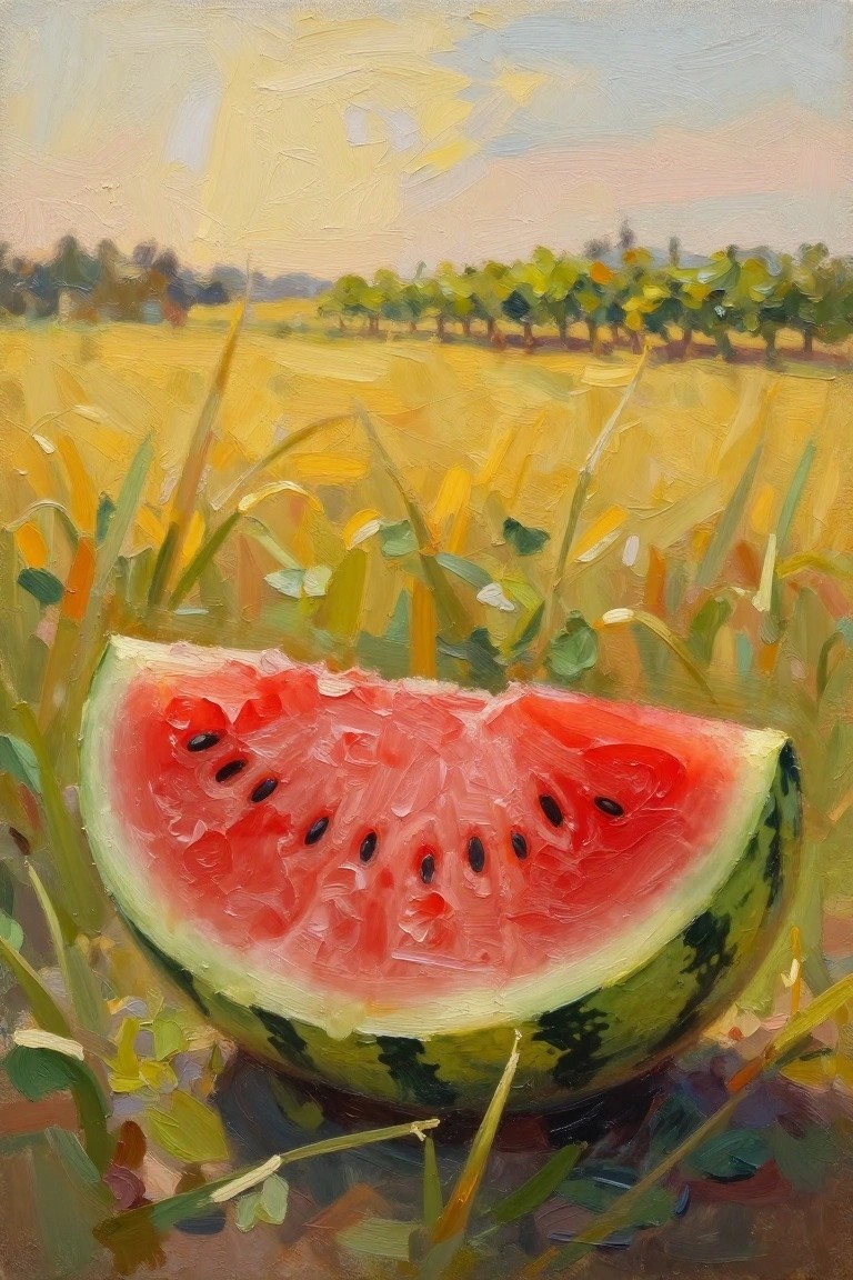 Oil painting of juicy red watermelon slice amid golden wheat field with trees.