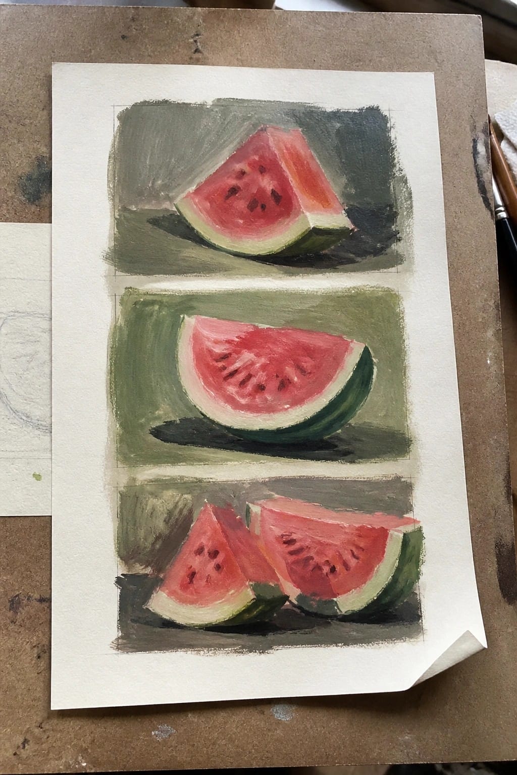 Three watercolor studies of watermelon slices with pink flesh on dark backgrounds