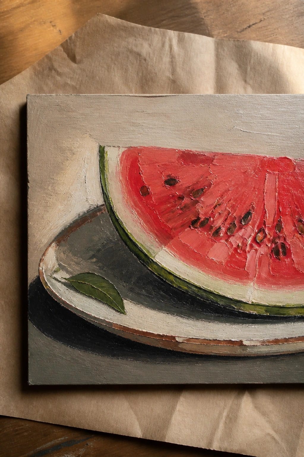 Oil painting of red watermelon slice with seeds on white plate and green leaf