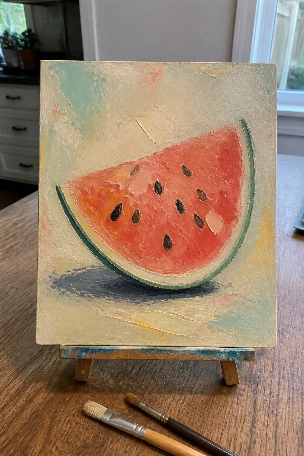 Abstract oil painting of watermelon slice on wooden easel with two paintbrushes nearby