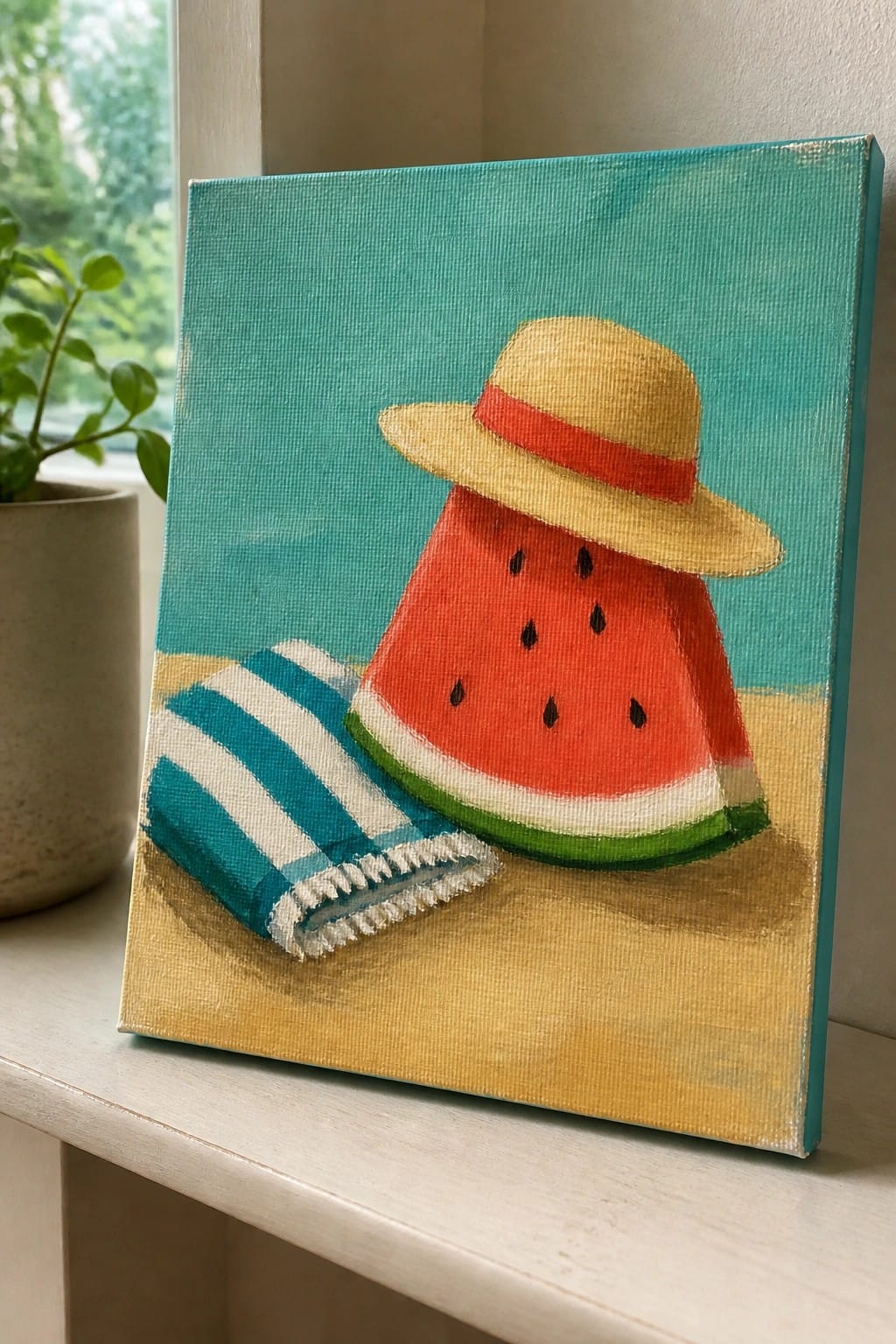 Watermelon slice in straw hat beside striped towel on sandy beach with turquoise sky.