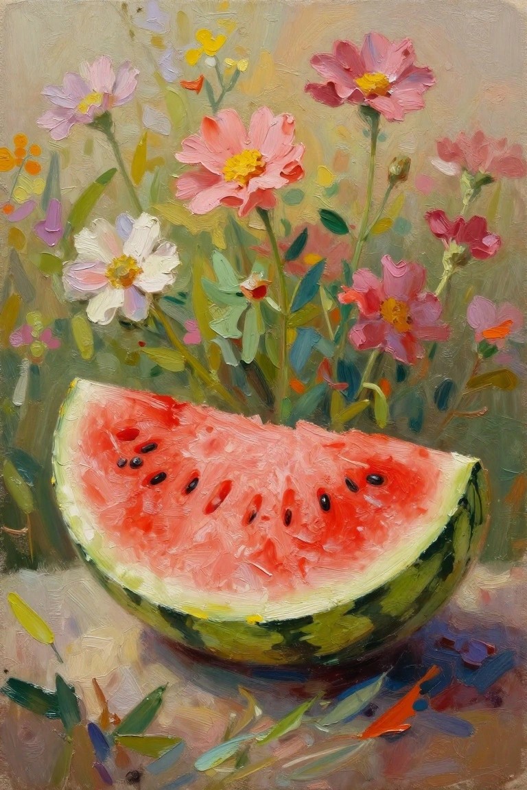 Vibrant oil painting of watermelon slice amid blooming pink flowers and foliage