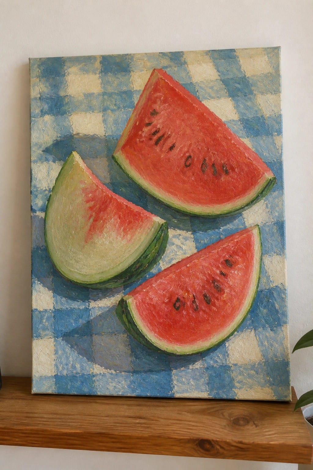 Three watermelon slices on blue-and-white checkered fabric, oil painting style
