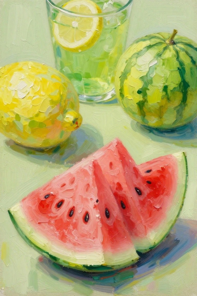 Oil painting of watermelon slices, whole lemon, watermelon, and lemonade glass.