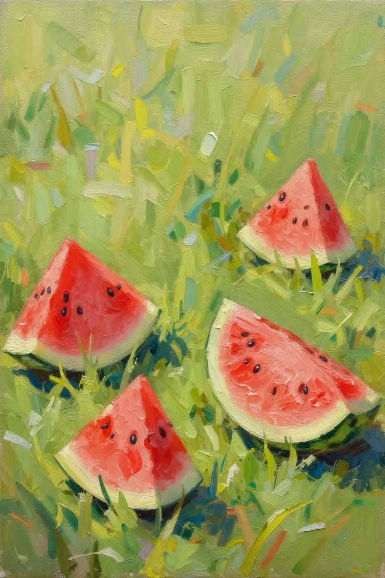 Four watermelon slices scattered on lush green grass in vibrant impasto painting.