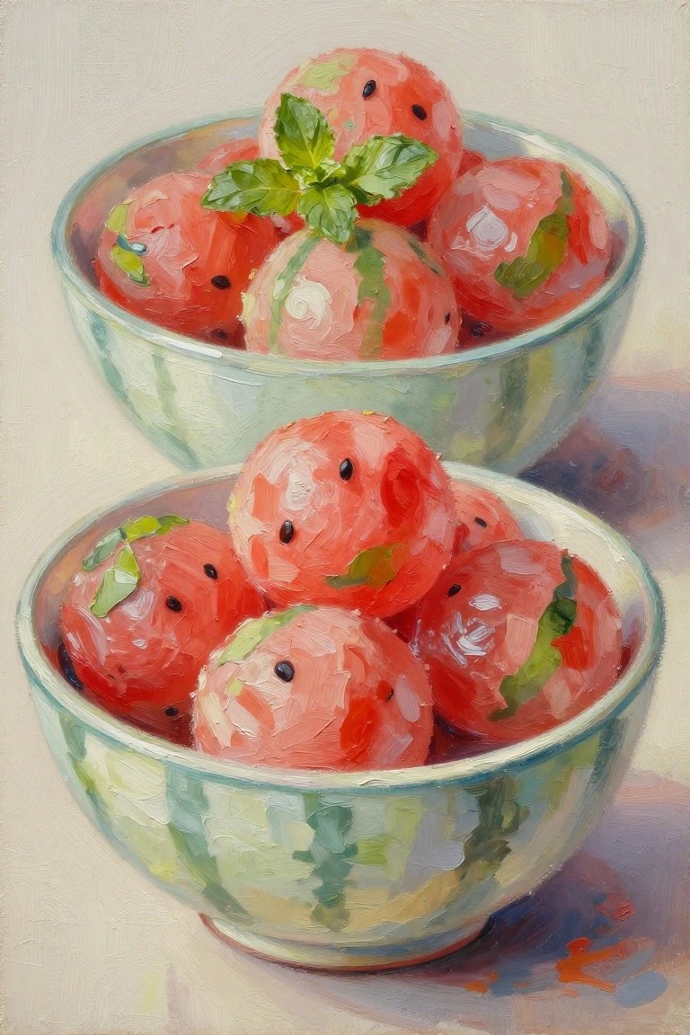 Two glass bowls of red watermelon scoops garnished with mint in oil painting style
