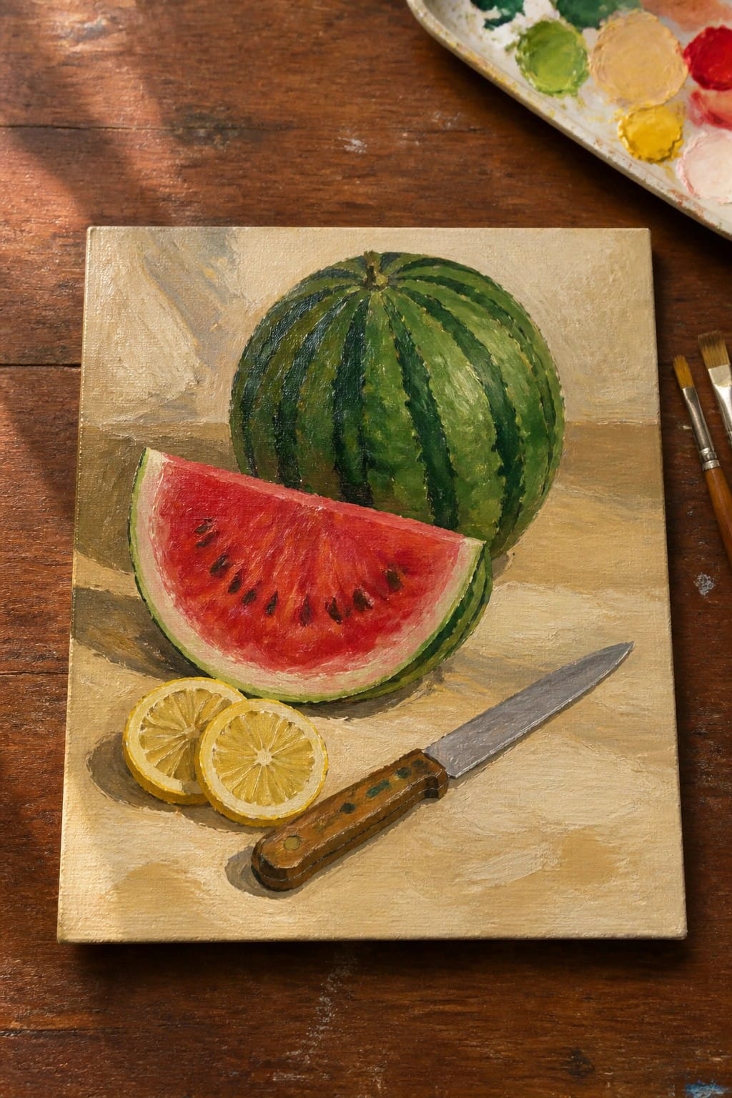 Oil painting of a whole watermelon, a sliced wedge, two lemon slices, and a knife arranged on a light surface with a palette visible in the corner.