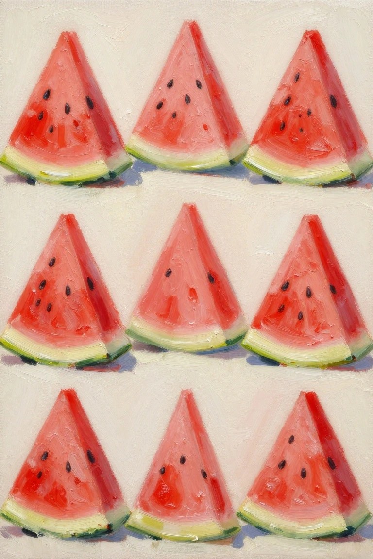 Nine triangular watermelon slices arranged in three rows of three on a light background in an oil painting style.