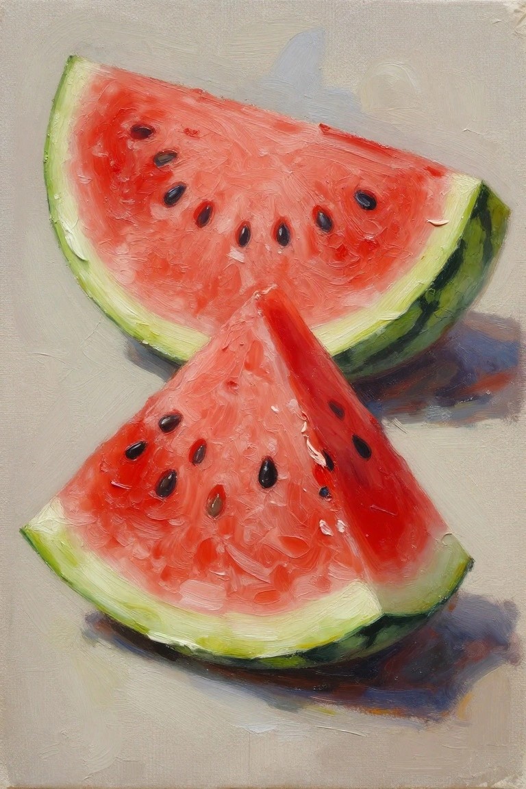 Two thickly painted watermelon slices with red flesh, black seeds, and green rind.