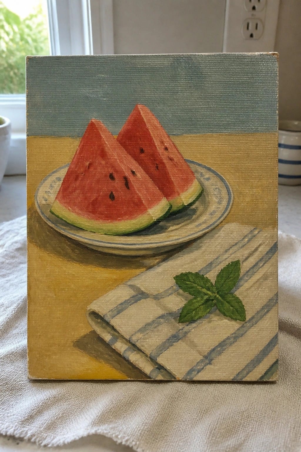 Two watermelon slices on a plate beside striped cloth with mint on yellow surface
