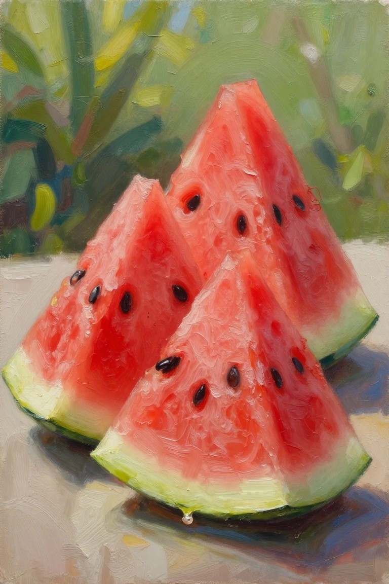 Three watermelon slices with black seeds in vibrant textured oil painting