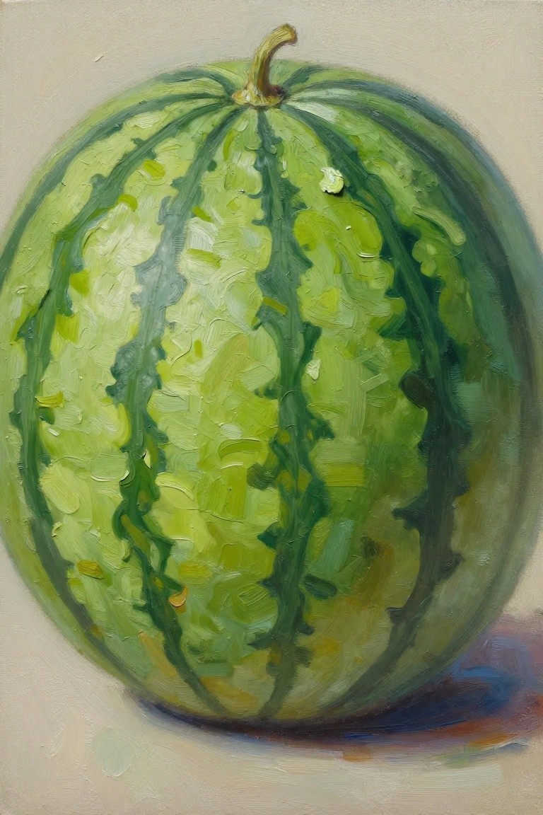 Textured oil painting of a round green watermelon with dark stripes and stem