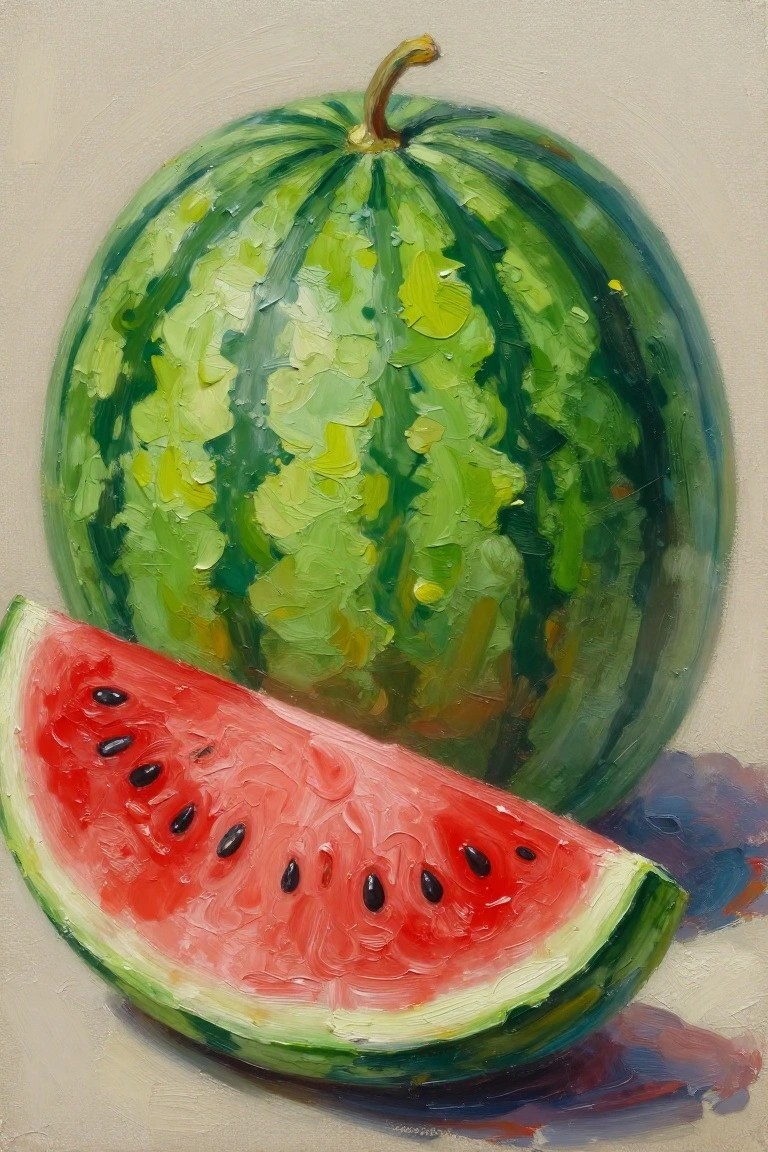 Impasto painting of whole green watermelon with red seeded slice in front