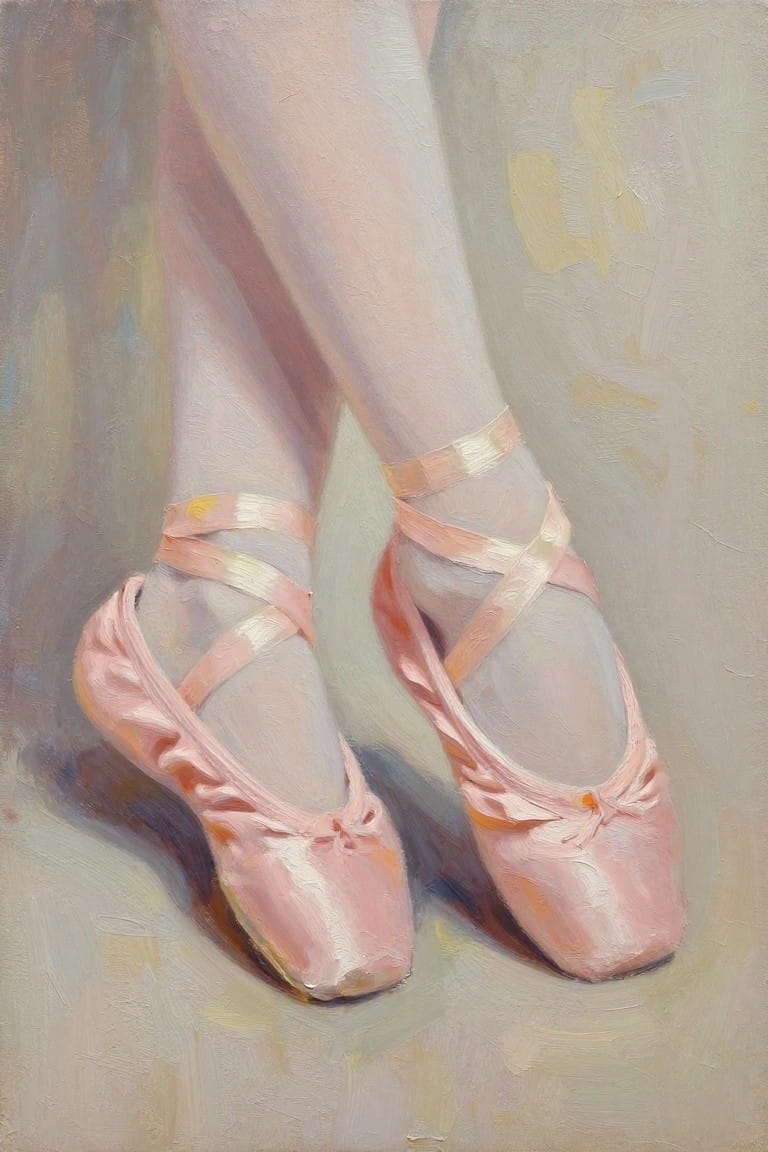 Pink ballet slippers with satin ribbons on crossed feet, soft oil painting style