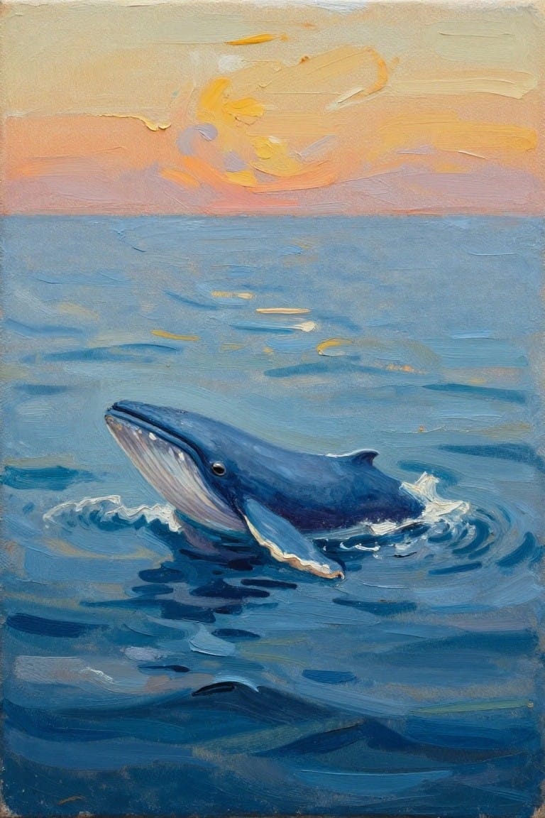 Blue whale surfacing in ocean waves under orange-pink sunset sky, oil painting