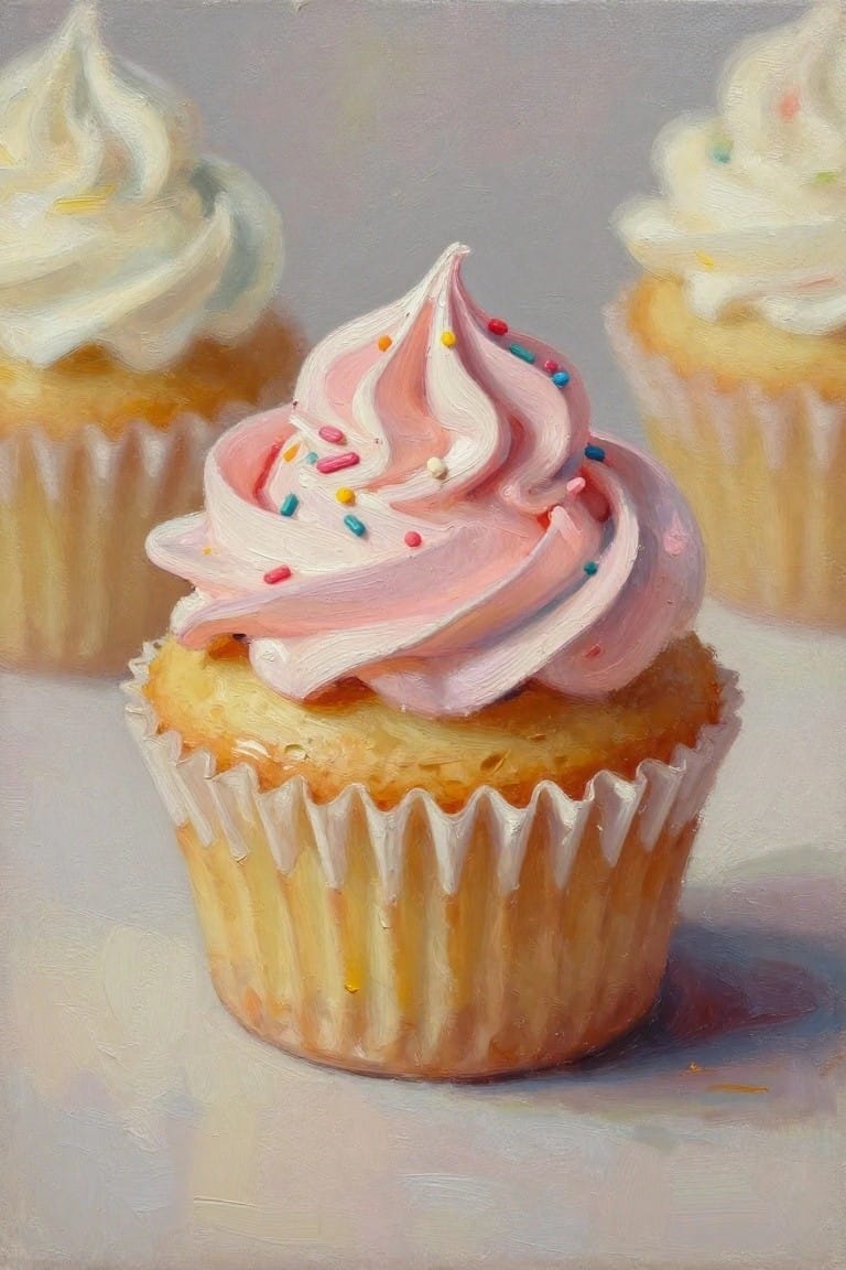 Pink swirled frosting cupcake with sprinkles atop yellow cake, blurred background cupcakes.