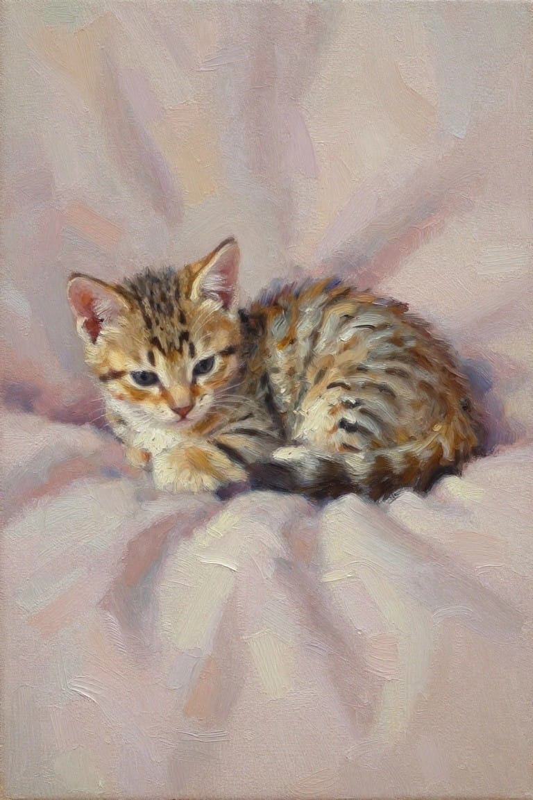 Tabby kitten resting on soft pink fabric with visible pastel brushstrokes