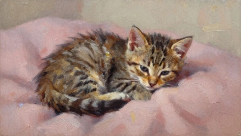 Tabby kitten resting on soft pink fabric with visible pastel brushstrokes
