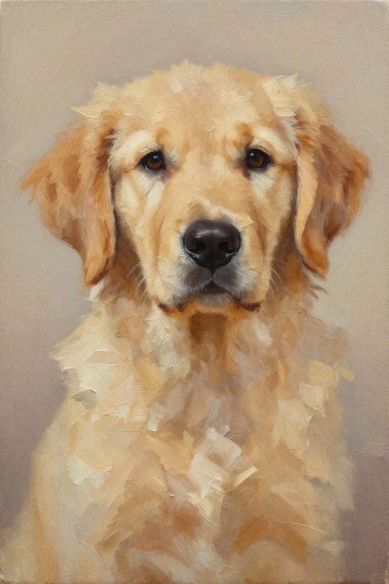 Oil painting close-up of a golden retriever puppy with fluffy golden fur and brown eyes.