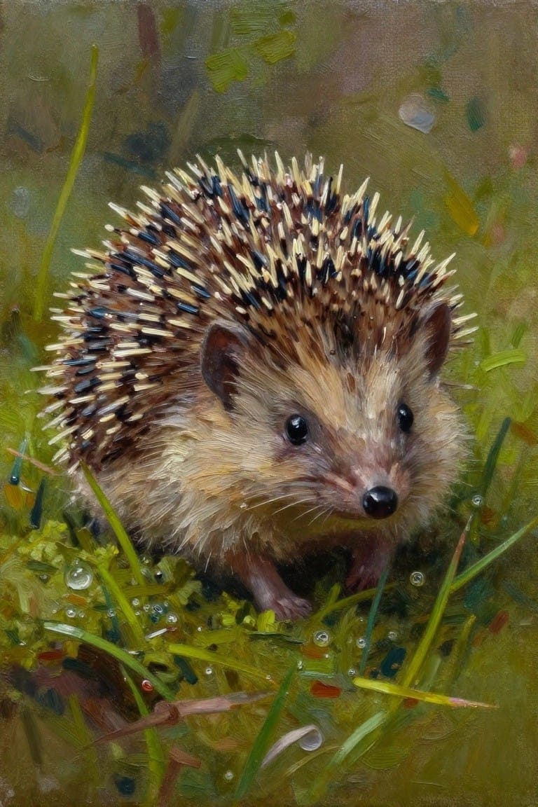 Hedgehog with brown, black, and white spines in dewy green grass, oil painting style