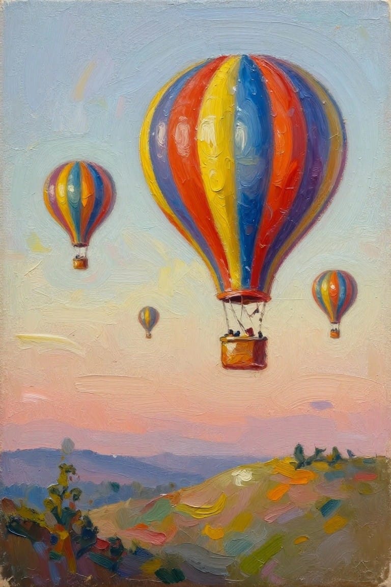Colorful oil painting of large striped hot air balloon above rolling hills with smaller ones nearby