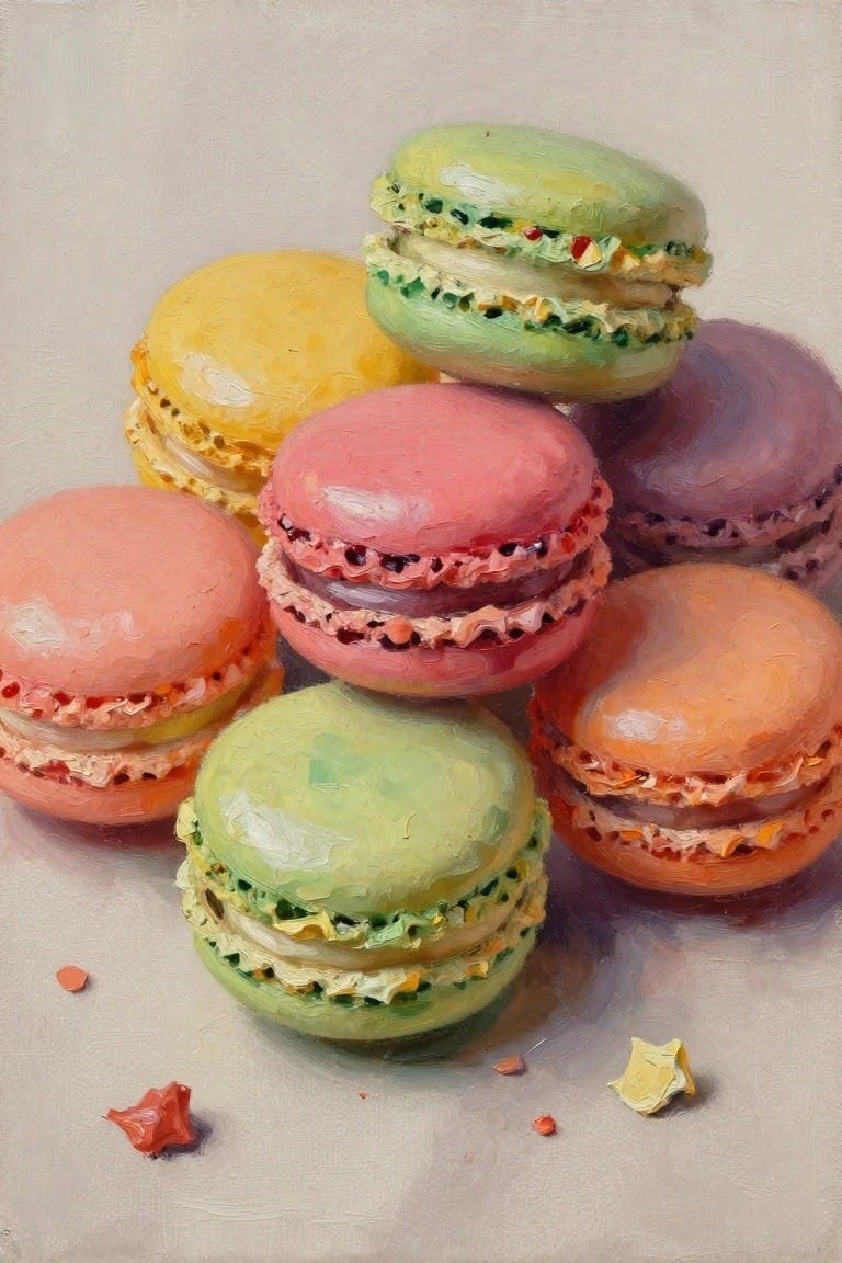 Oil painting of colorful macarons stacked in a loose pile with a few crumbs on the surface below.