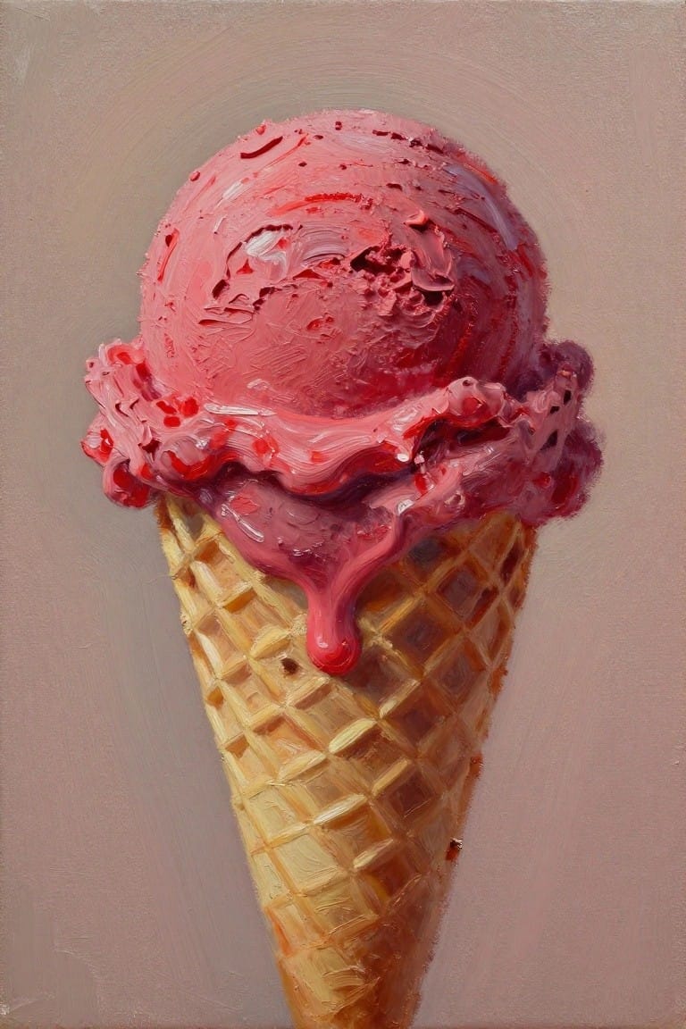 Melting pink ice cream dripping down a textured waffle cone in oil paint
