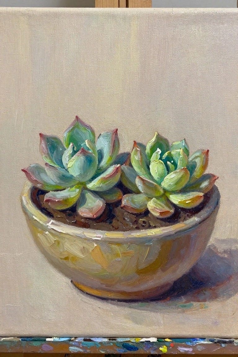 An oil painting of two green succulents in a brown ceramic bowl on a light canvas with a paint palette visible at the bottom.