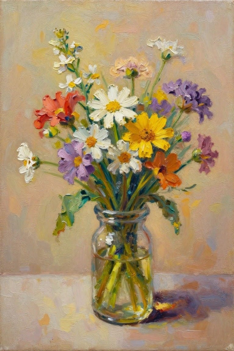 Colorful daisies and wildflowers in a glass jar of water, oil painting style.