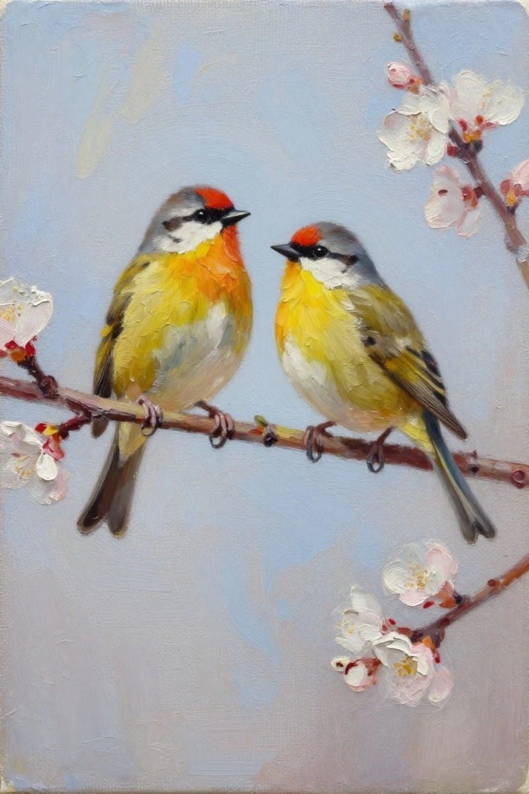 Two small birds with yellow and orange feathers perch on a thin branch with white flowers against a soft blue background in an oil painting.
