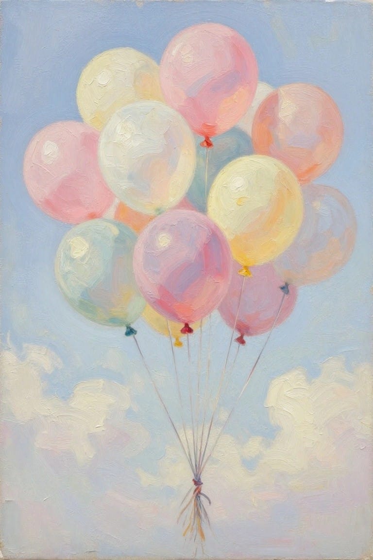 Pastel balloons in pink, yellow, and blue float against a cloudy sky.