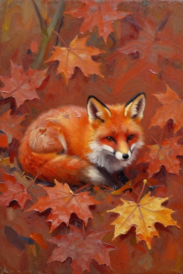 An oil painting of a red fox resting among red and yellow autumn leaves.