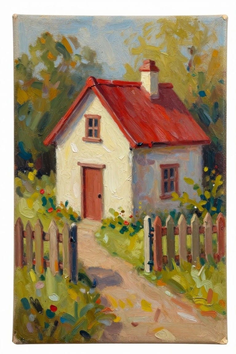 Impressionist oil painting of white cottage with red roof, fence, and garden path.