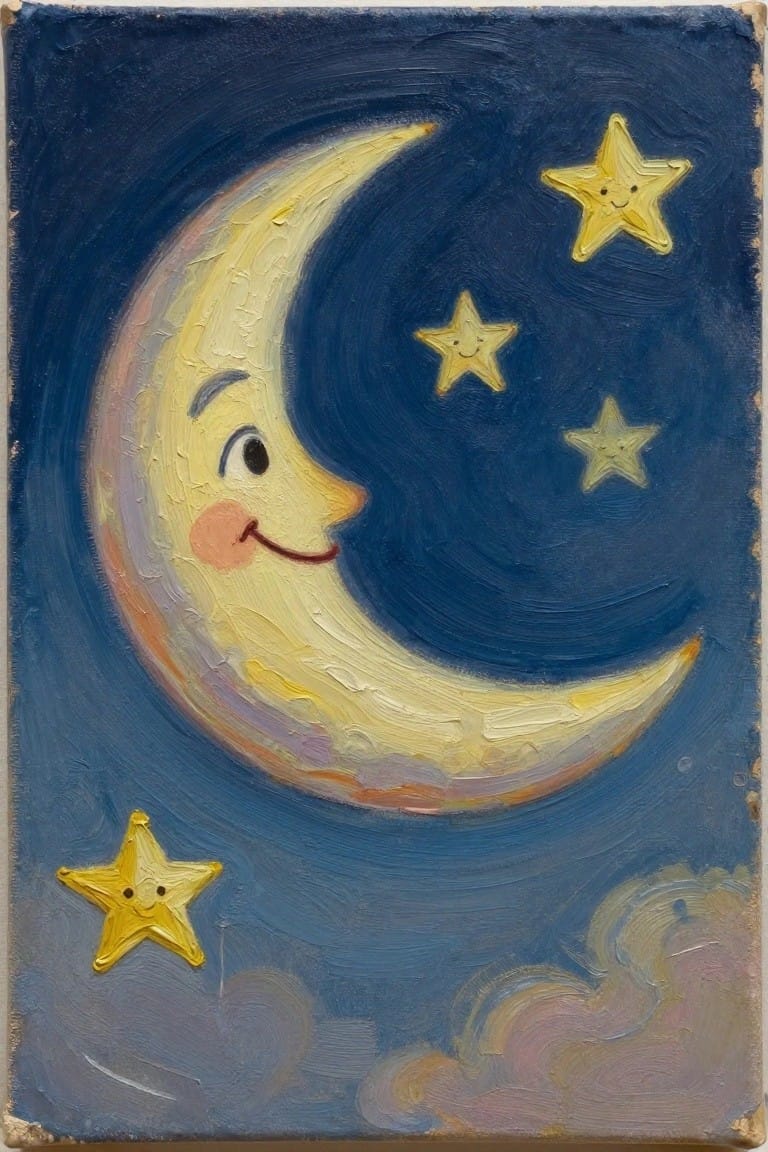 Smiling crescent moon with rosy cheeks and happy stars in a dark blue sky