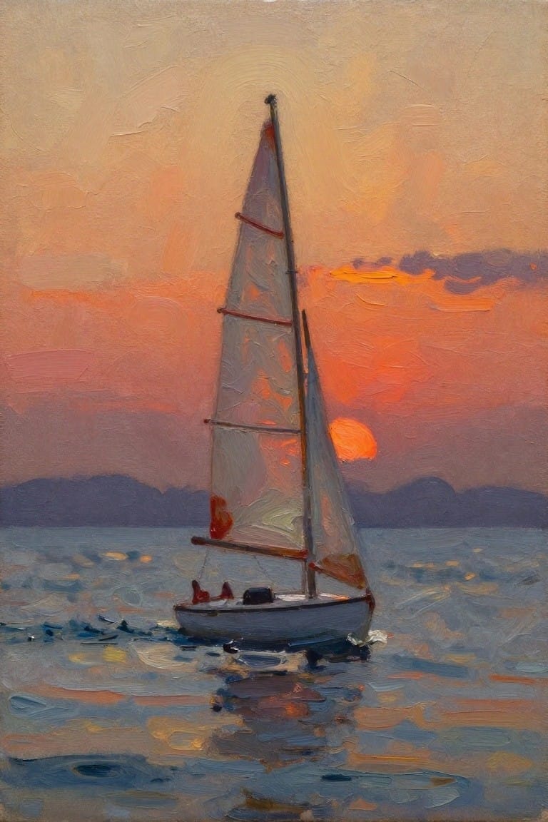 An oil painting of a sailboat on the water at sunset with orange sky, distant mountains, and reflections on the waves.