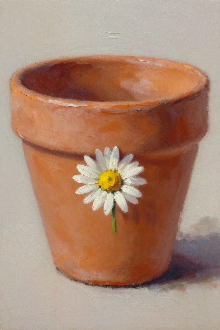 Oil painting of terracotta pot with single white daisy on its side.