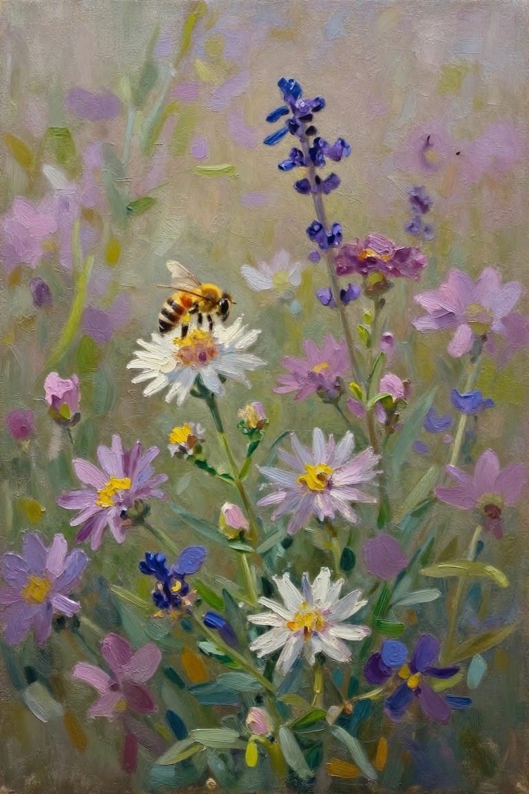 Bee on white daisy amid purple pink wildflowers in impressionist painting