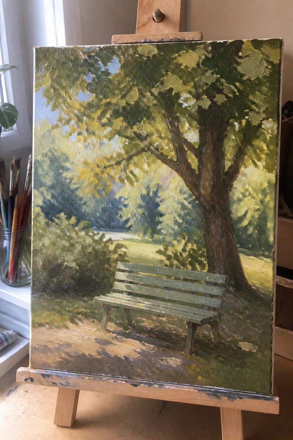 An impressionist oil painting of a green park bench under a large tree with grass and foliage in soft daylight on a wooden easel.