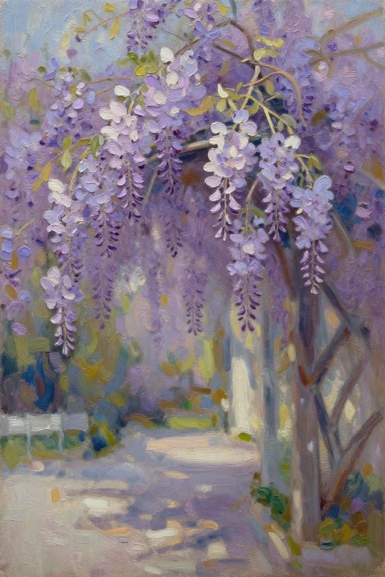 Purple wisteria blossoms cascading over a sunlit garden path in soft pastels
