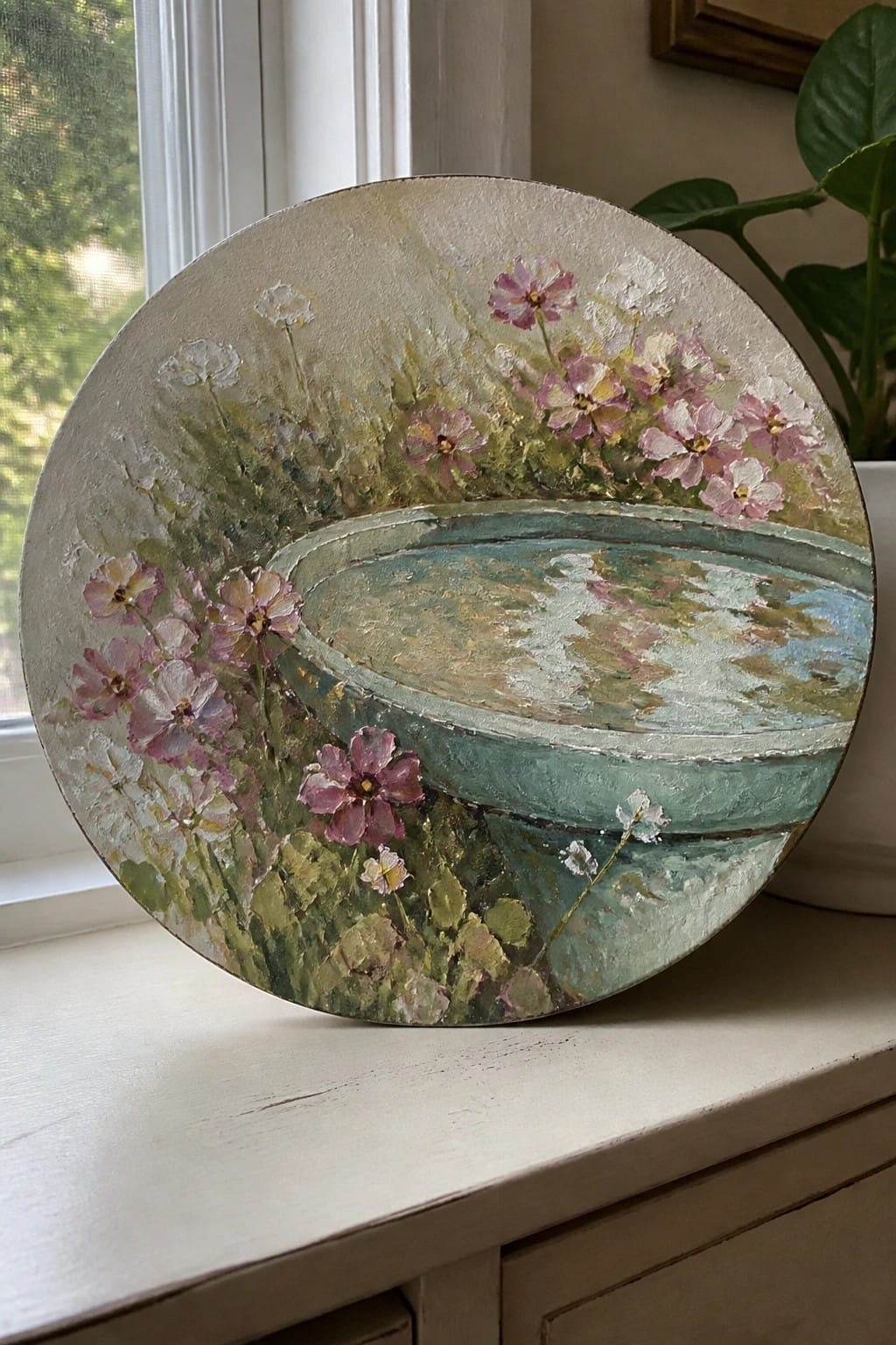 Circular painting of pink flowers around a teal water basin on a windowsill.