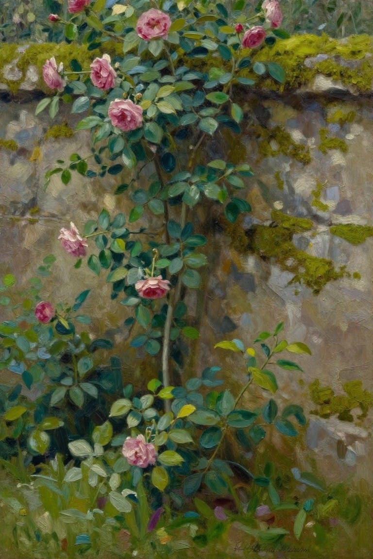 Pink roses blooming on moss-covered stone wall with green foliage.