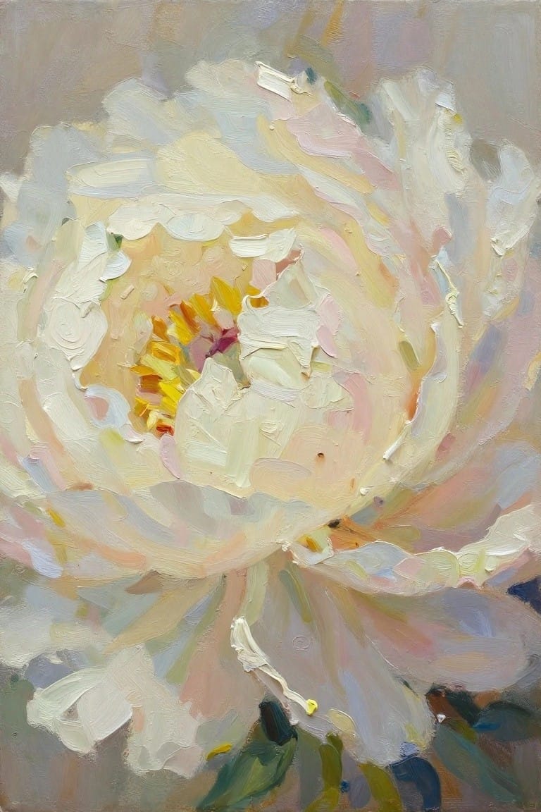 Thickly textured painting of a blooming white peony with yellow center and soft petals