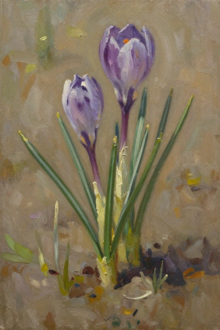 Two blooming purple crocus flowers with green leaves on earthy brown background