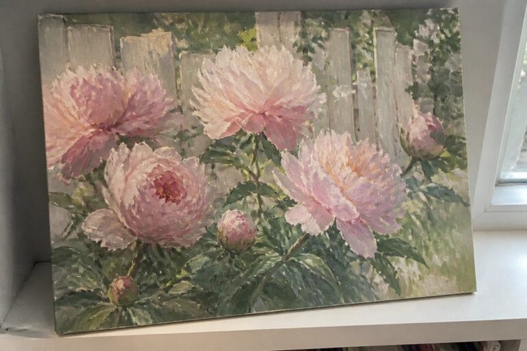 19 Impressionist Garden Oil Painting Ideas in Soft Light and Loose Brushwork Impressionistic painting of pink peonies blooming before a white picket fence.