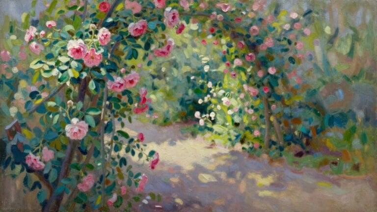 19 Impressionist Garden Oil Painting Ideas in Soft Light and Loose Brushwork Vibrant painting of sunlit garden path under blooming pink rose arch.