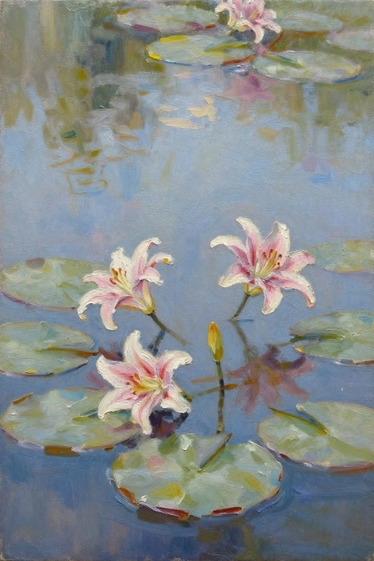 Pink lilies and pads float on a serene blue pond in impressionist style.