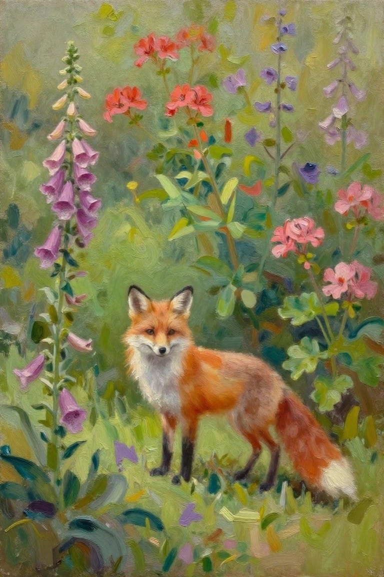 Red fox amid pink, purple flowers and green foliage in an oil painting.