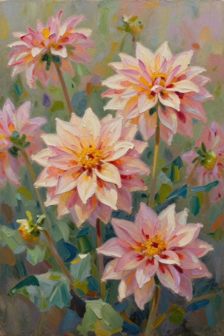 Vibrant pink and white dahlias with yellow centers in impressionistic oil painting