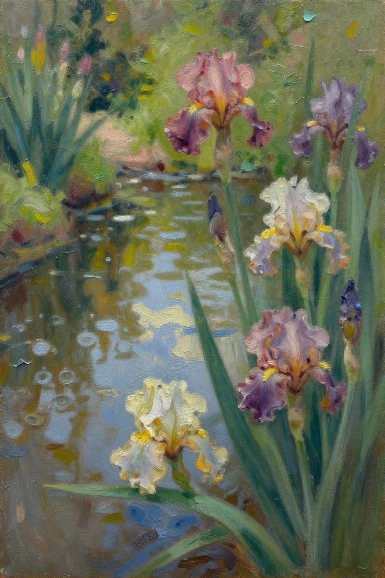 Colorful irises blooming beside a reflective pond amid lush green foliage.