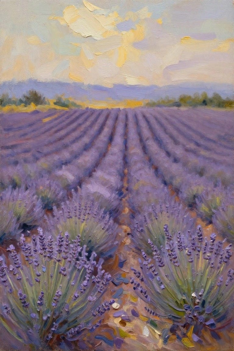 Oil painting of lavender rows stretching to mountains under a colorful sky.